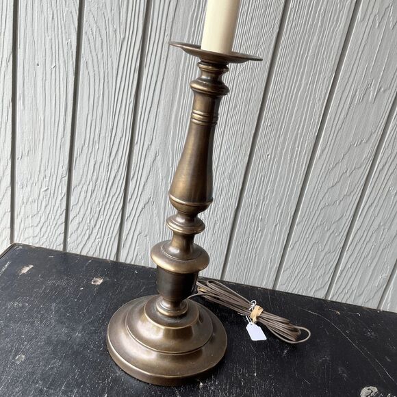 Vintage Brass Candlestick Table Lamp 30" Tall | Dark Patina MCM Colonial Style - Picture 1 of 7